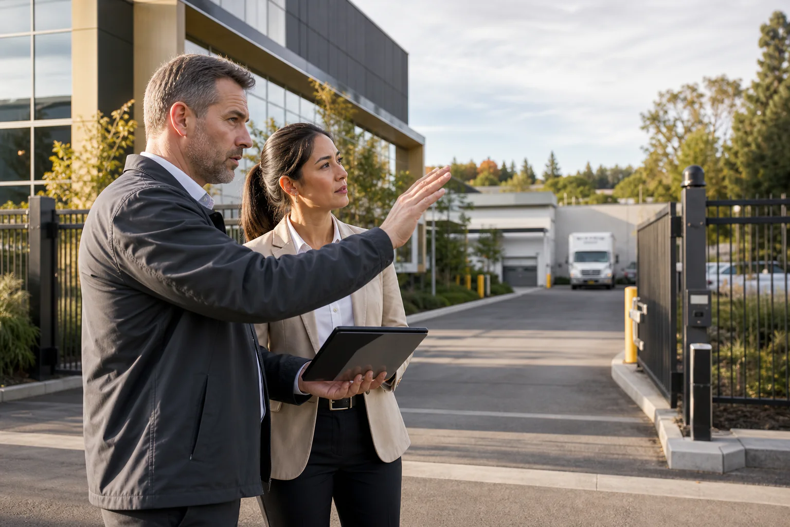 Security consultant and facilities manager reviewing site access requirements