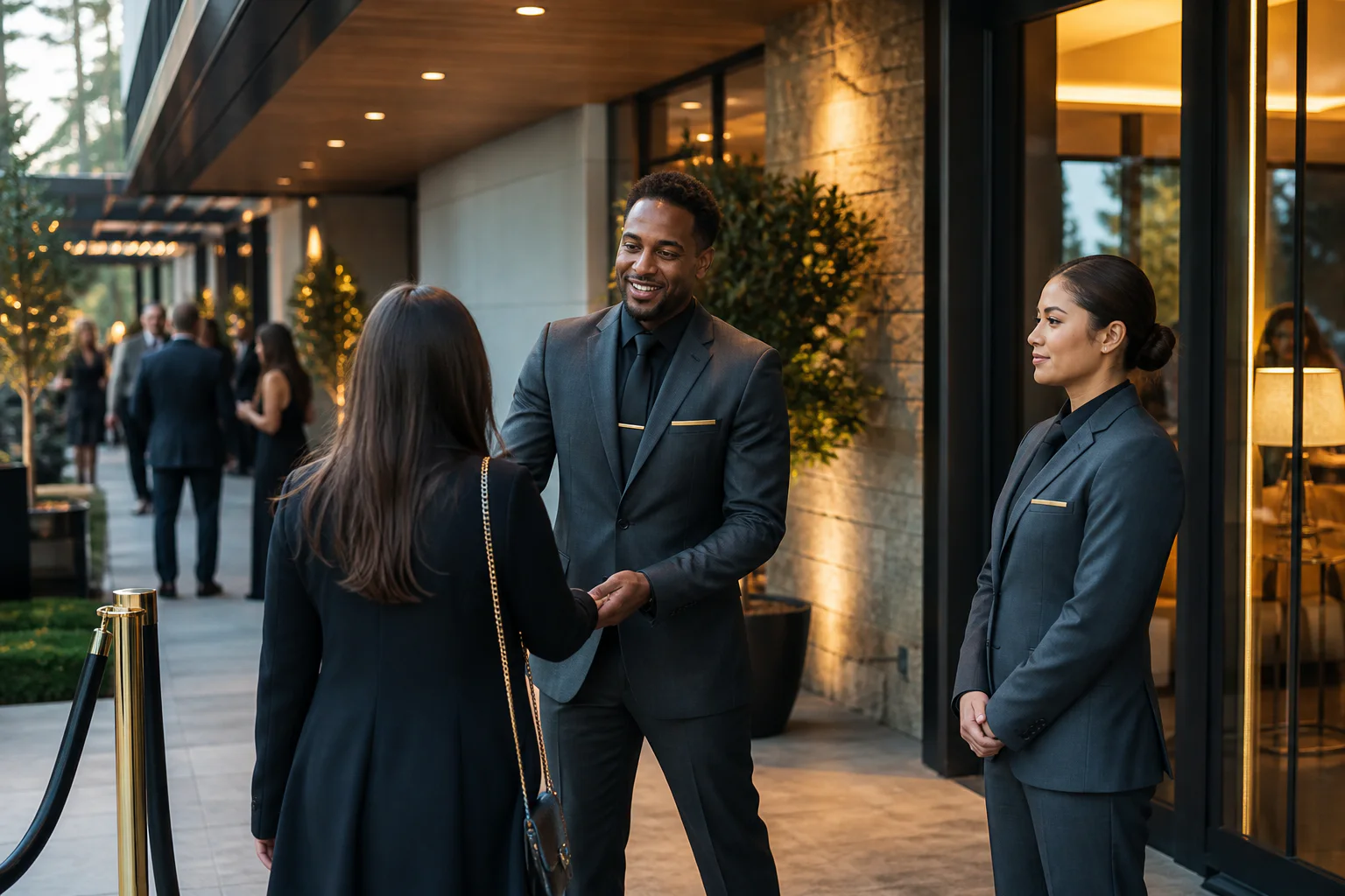Professional event security team welcoming an attendee
