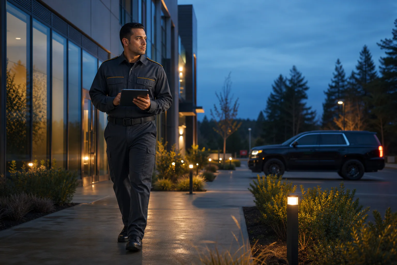 Mobile patrol officer checking a commercial property in the evening