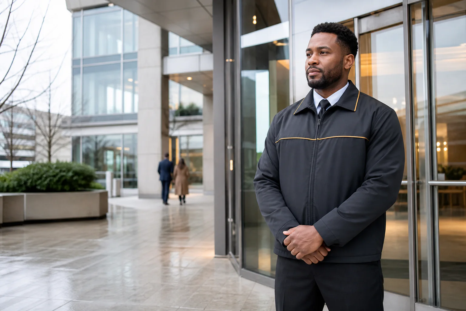 Security officer providing a visible presence at a managed commercial property