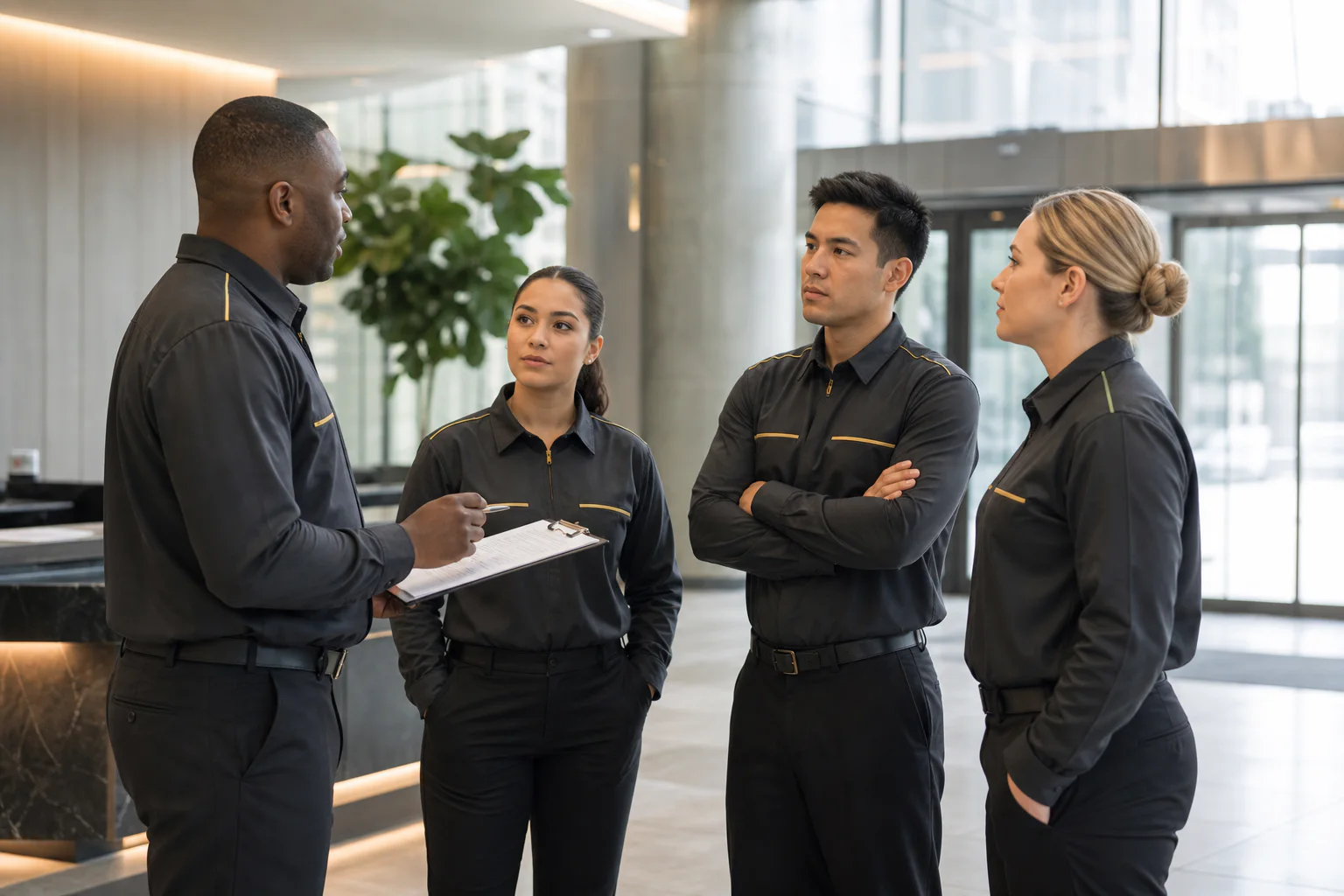 Security supervisor briefing a professional team before an assignment