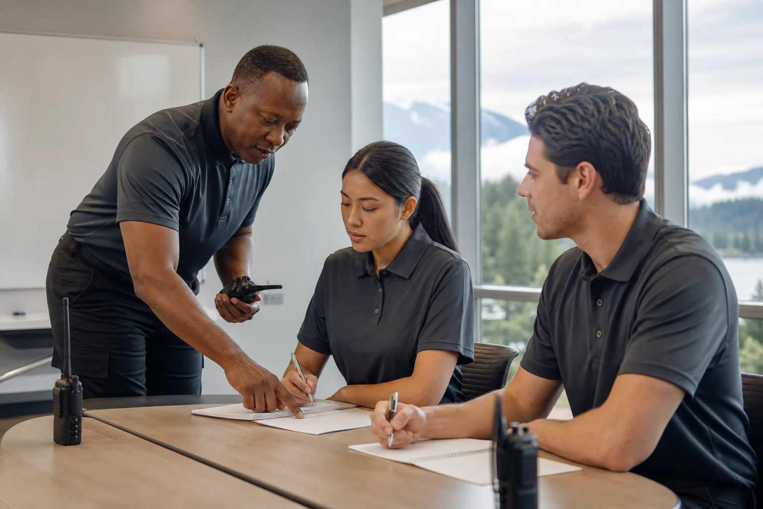Instructor guiding prospective security officers through professional training
