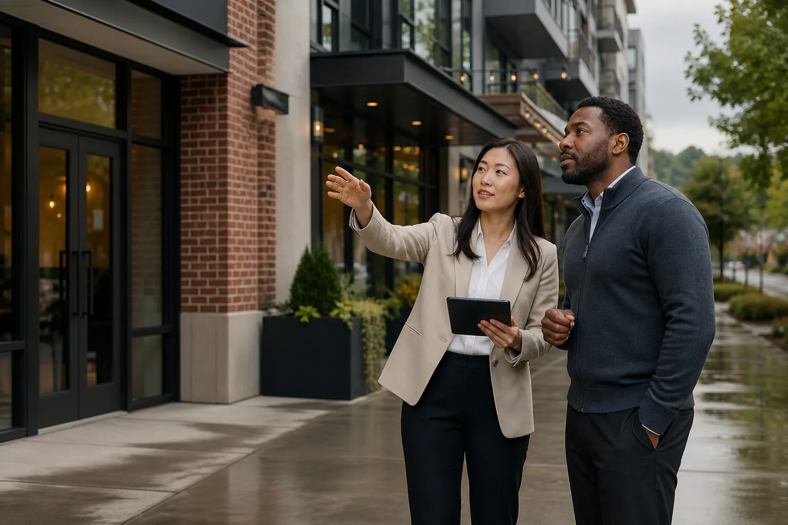 Business development representative conducting a commercial property site walk